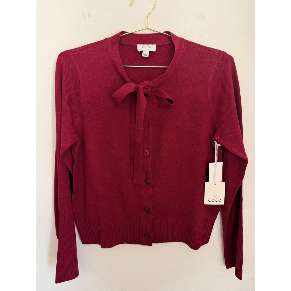 CeCe Women Burgundy Tie Neck Button Front Cardigan Coquette Sweater Size M NWT
